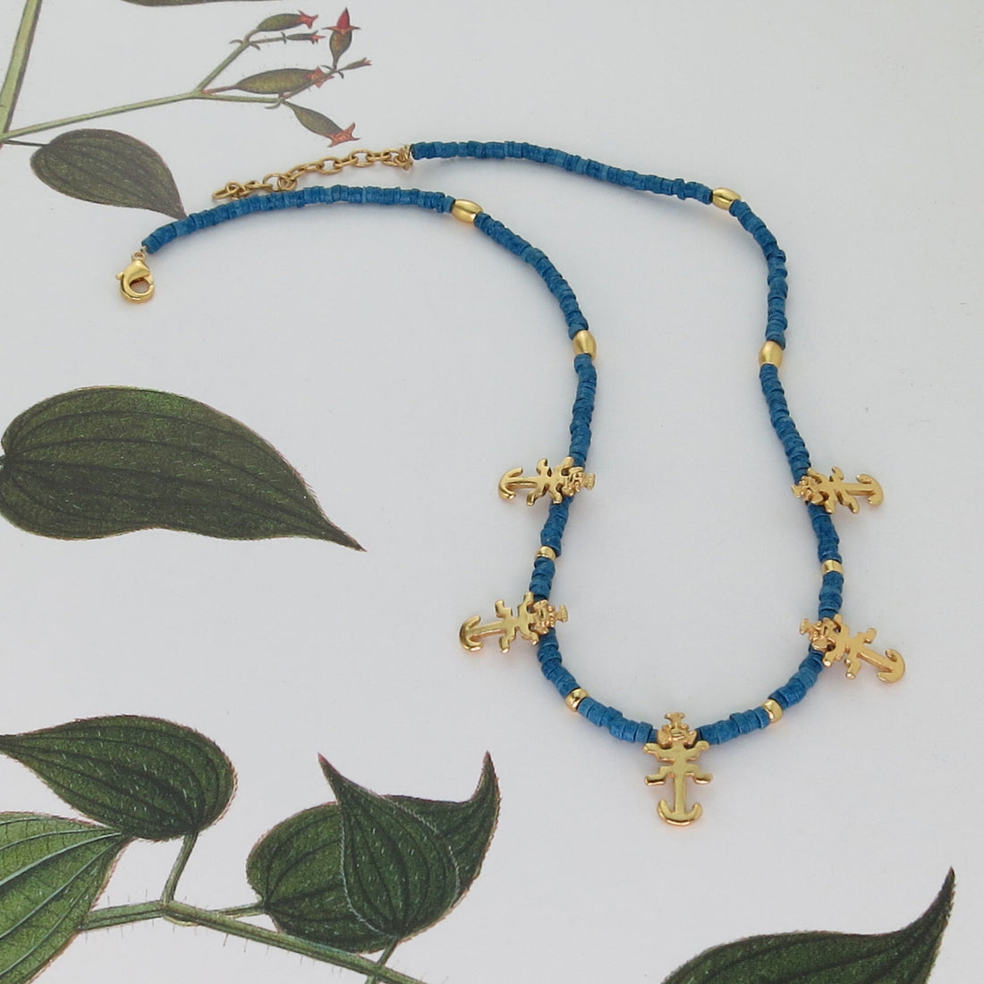 Jaguar Charms and Blue Ceramics 18" Necklace