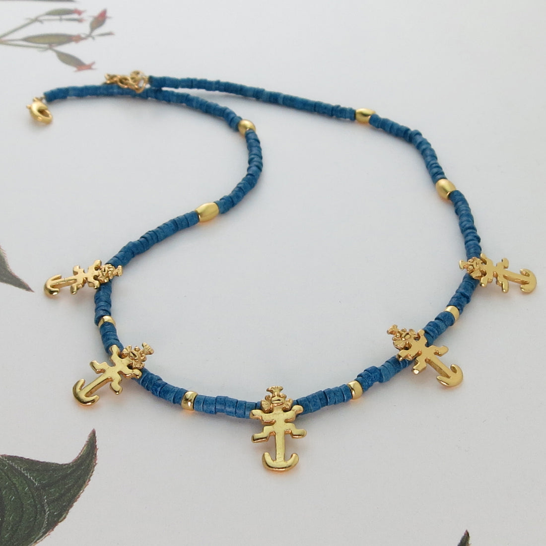 Jaguar Charms and Blue Ceramics 18" Necklace