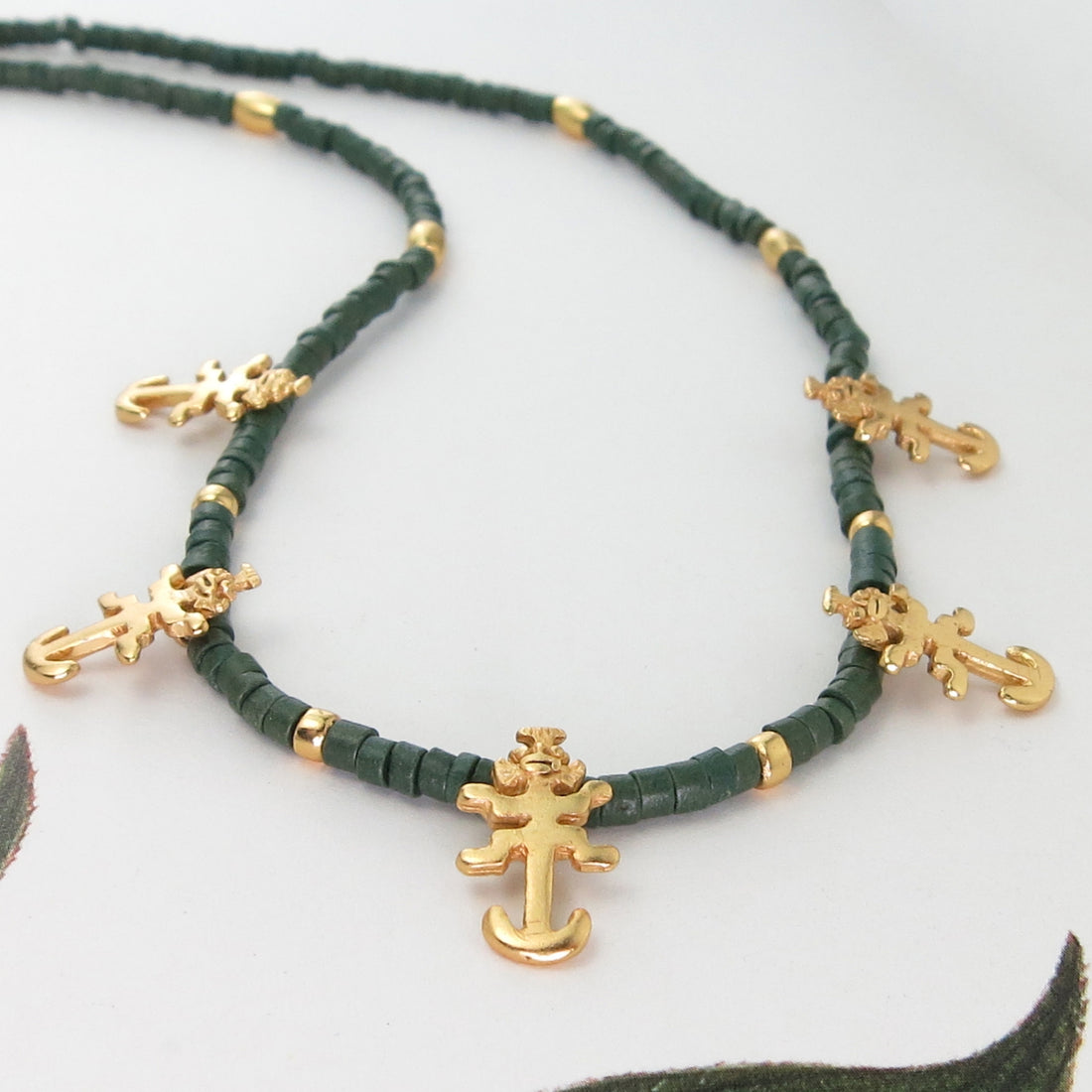 Jaguar Charms and Dark Green Ceramics 18" Necklace