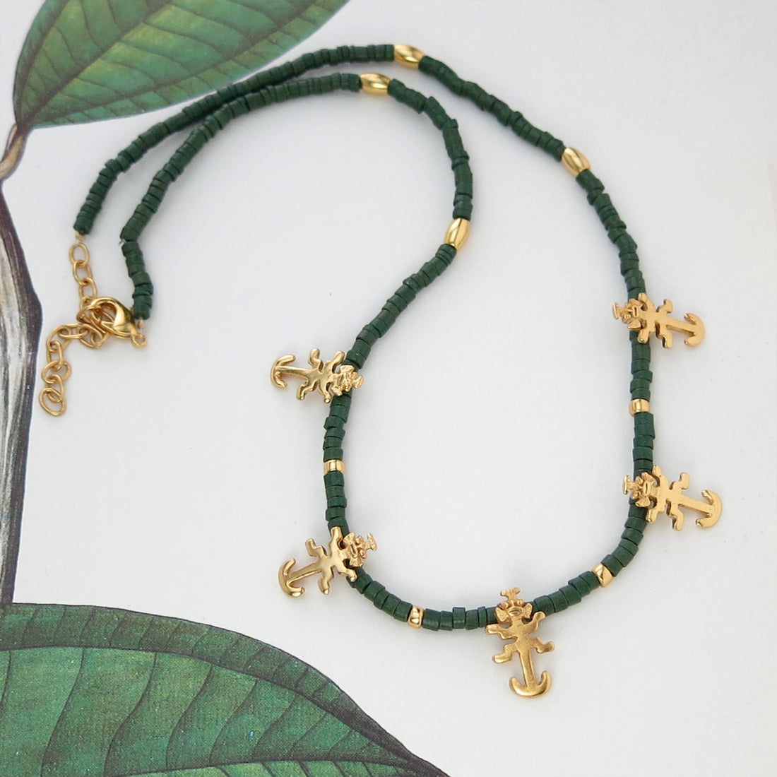 Jaguar Charms and Dark Green Ceramics 18" Necklace