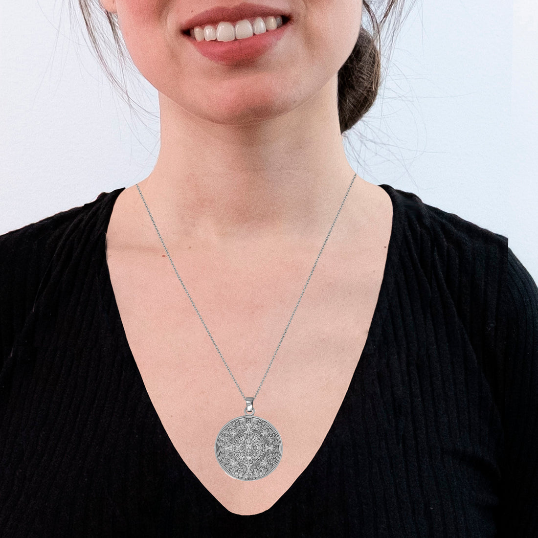 Aztec Solar Calendar .950 Silver 1&quot; Pendant SS Chain