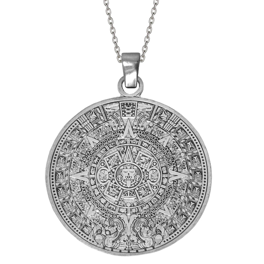 Aztec Solar Calendar .950 Silver 1" Pendant SS Chain