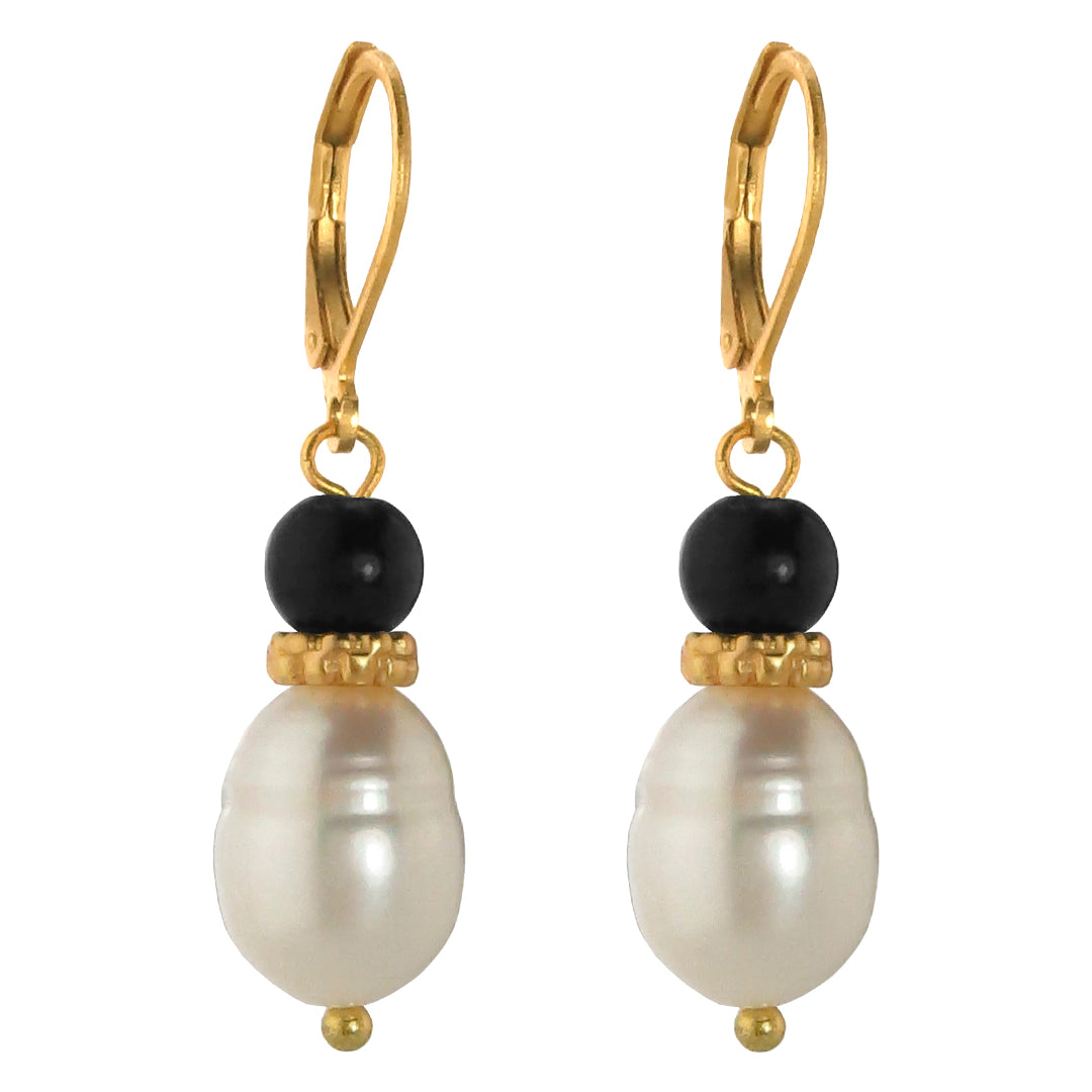 Freshwater Pearls and Onyx Lever Back Earrings