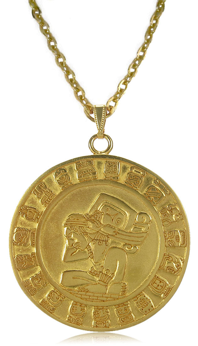 24k Gold Plated 2" Mayan Calendar 4.7 mm Thick 22" Cable Chain Necklace