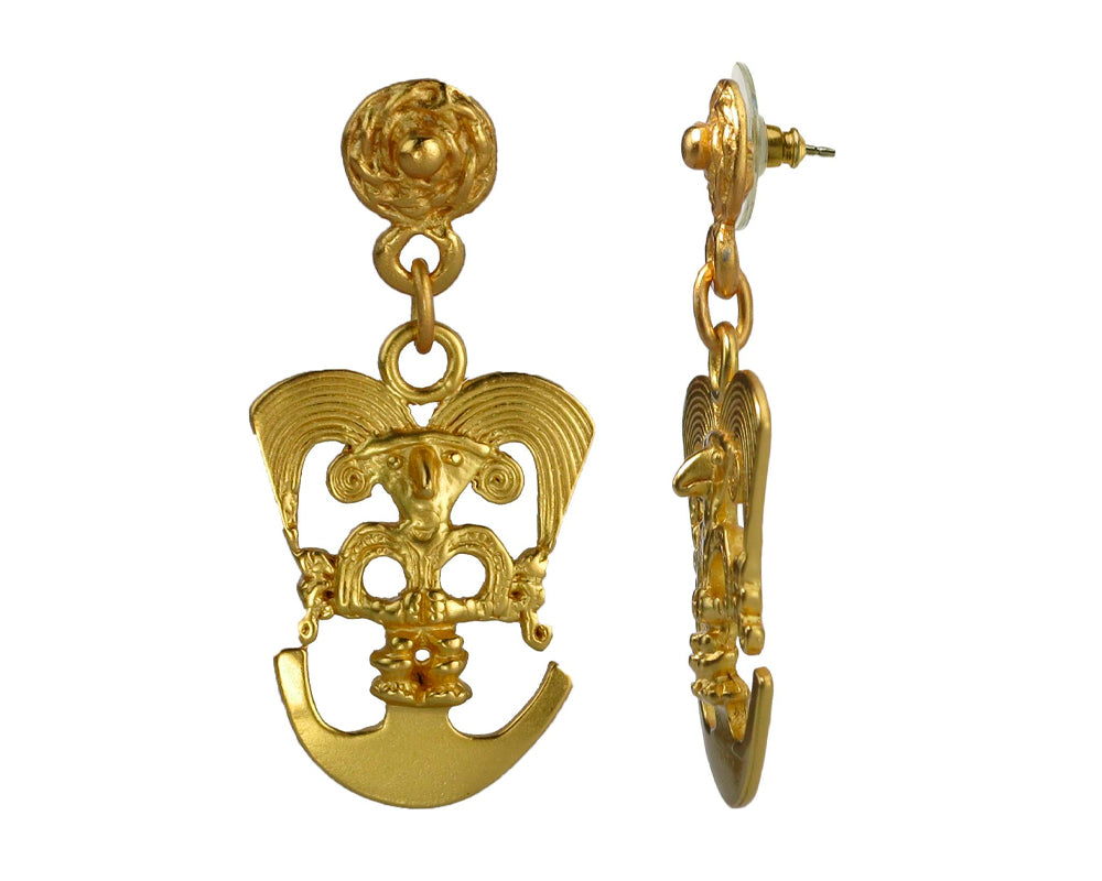 Precolumbian Bird on a Half Moon Dangle Earrings