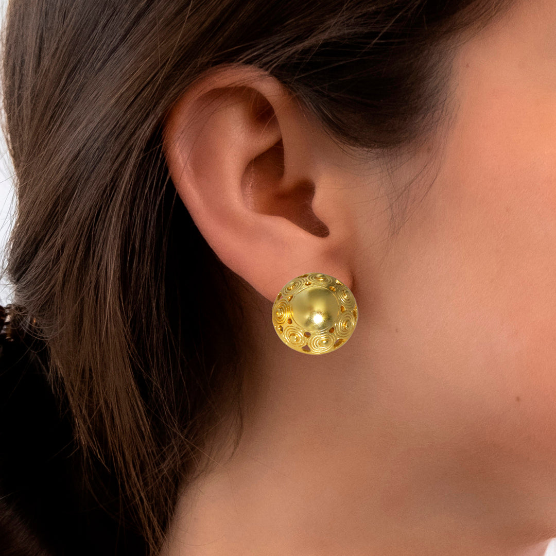 Gold Round Dome Drop Earrings