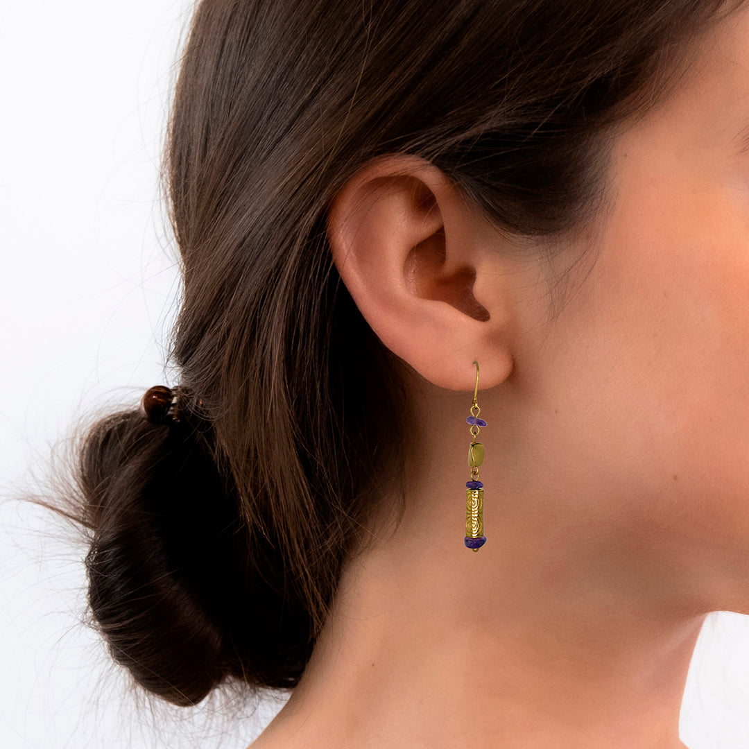 Amethyst and Golden Beads Dangle Earrings