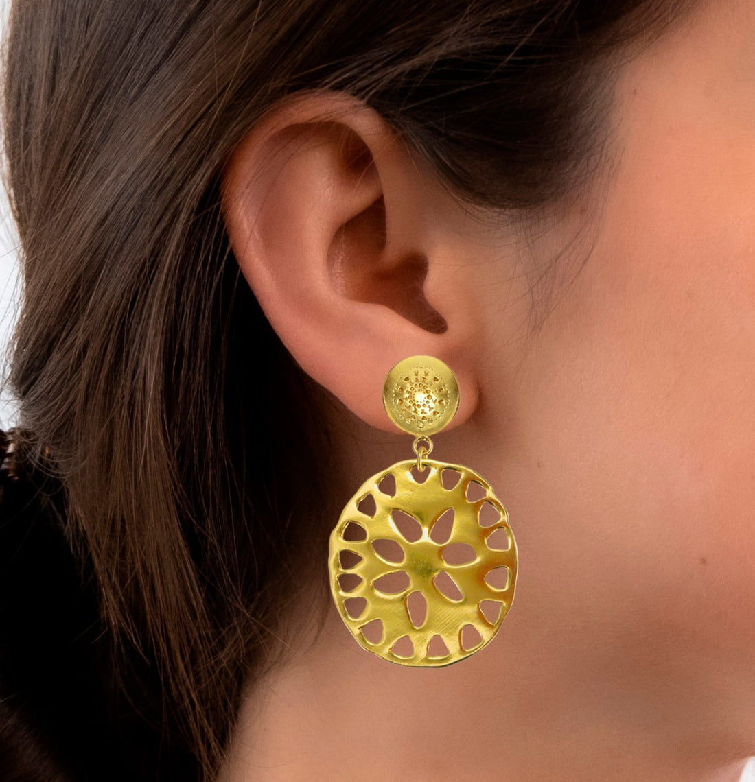 Precolumbian Jewelry Double Carved Coin Dangle Earrings