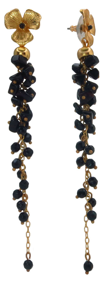 Onyx Cascade Gold Flower Dangle 24k Gold Plated Earrings