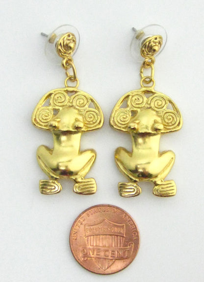 Pre-Columbian Tairona Frog with Spirals Dangle Post-Back Earrings