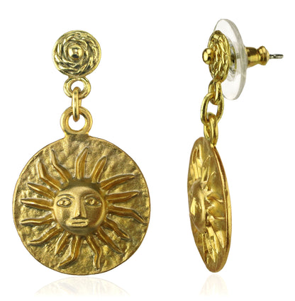 Pre-Columbian 24k gold plated Muisca Full Sun Dangle Earrings