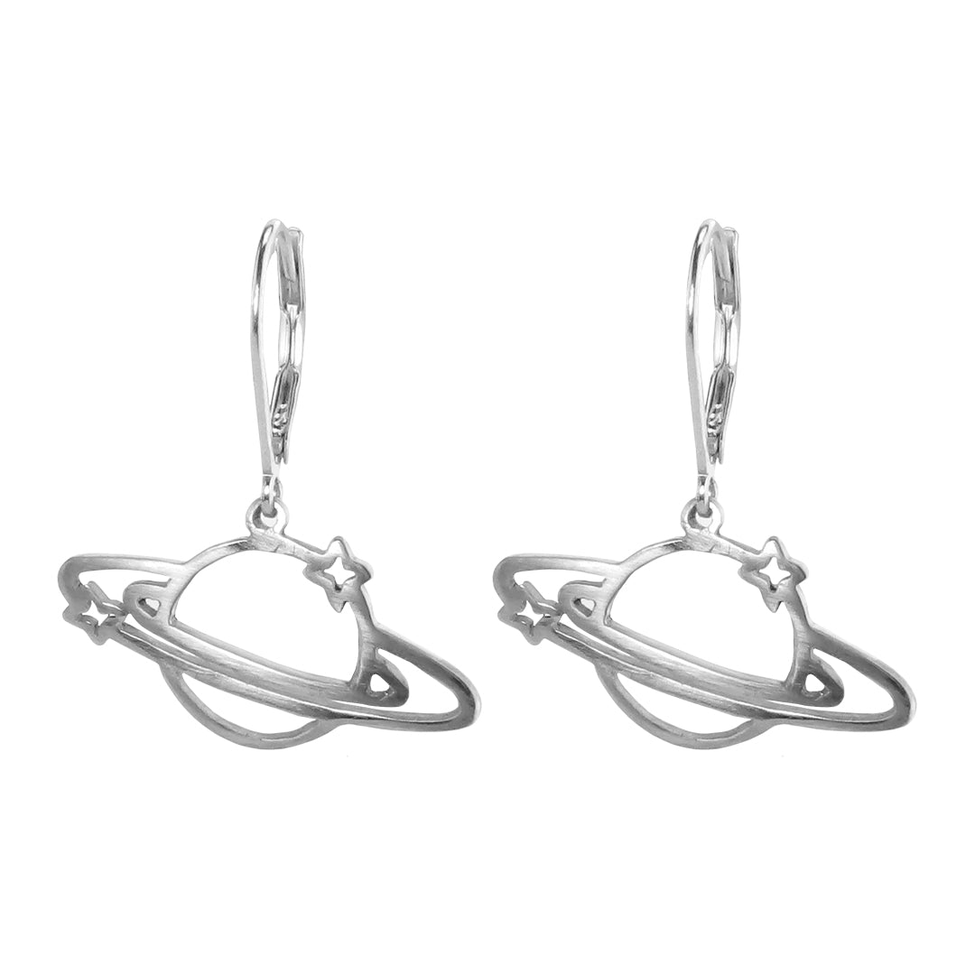 Saturn Planet .950 Silver 1.1" Leverback Earrings