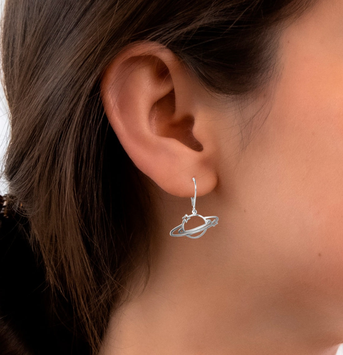 Saturn Planet .950 Silver 1.1" Leverback Earrings
