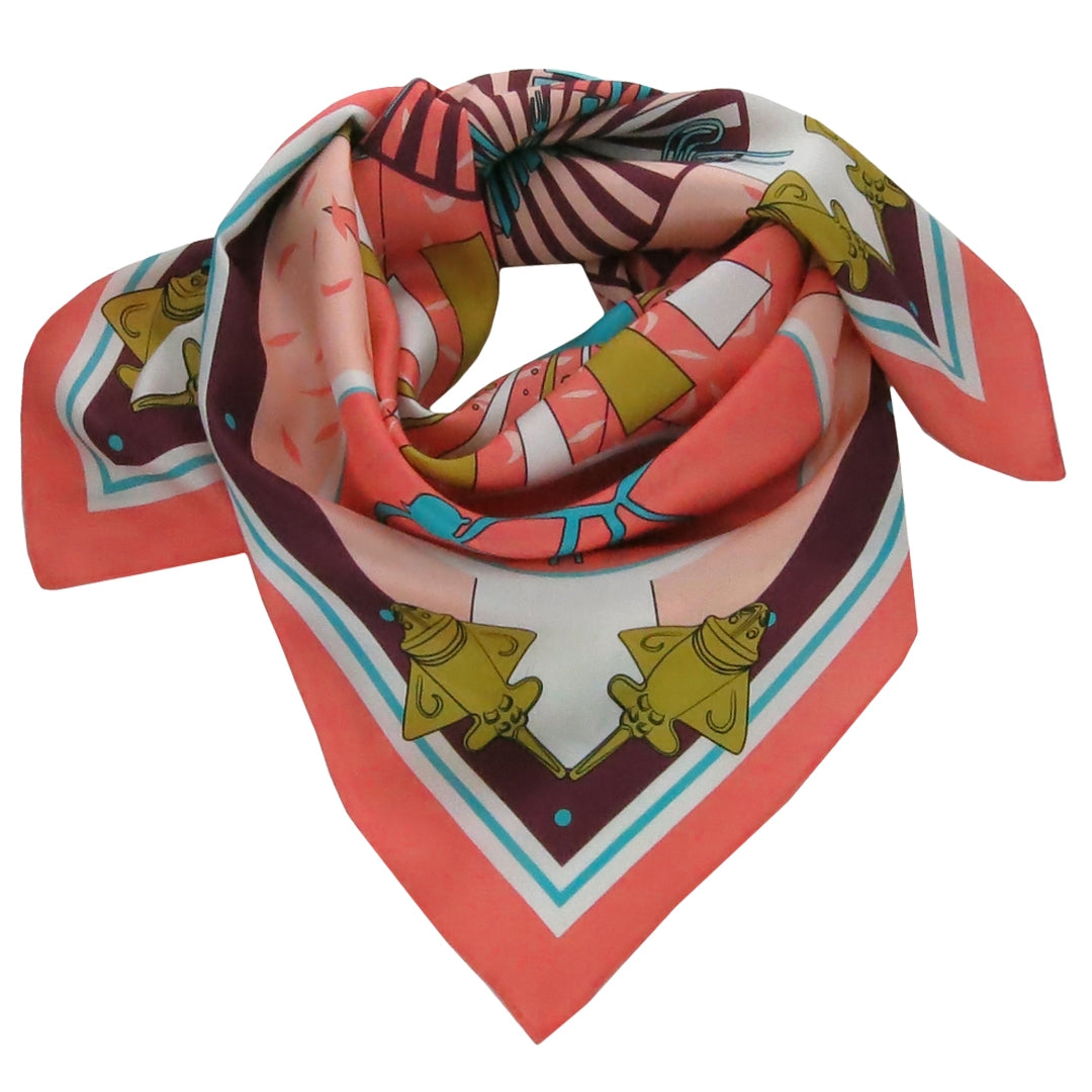 Golden Jet and Nazca Lines Coral Twill Silk Scarf by Across The Puddle