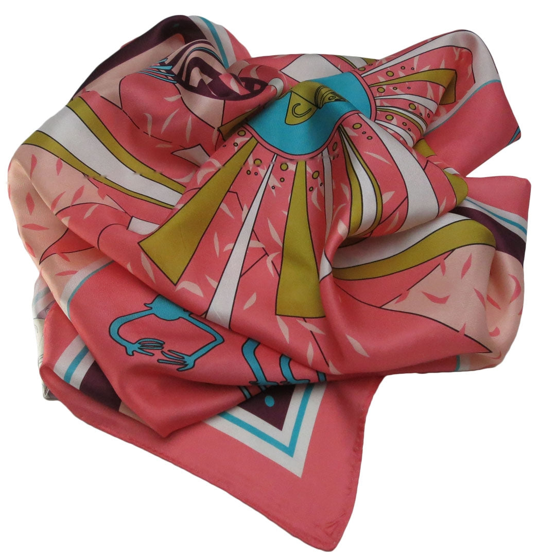 Golden Jet and Nazca Lines Coral Twill Silk Scarf by Across The Puddle